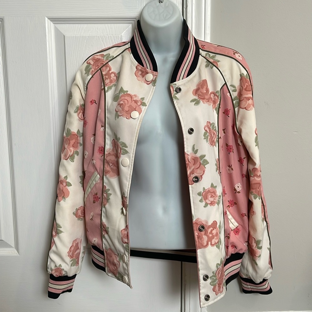 Coach Reversible Tossed Peony Print Souvenir Bomber Jacket - Satin